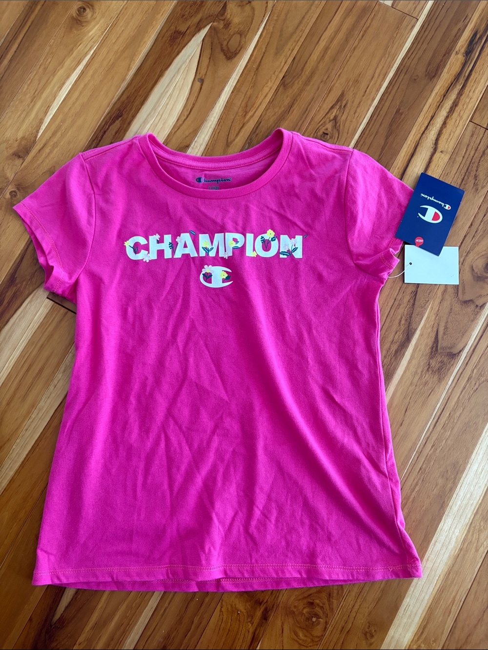 Champion Bright Pink Logo Tee with Floral Accents